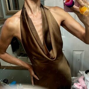 Zara satin brown plunge cowl neck open back halter dress bias XS disco cocktail